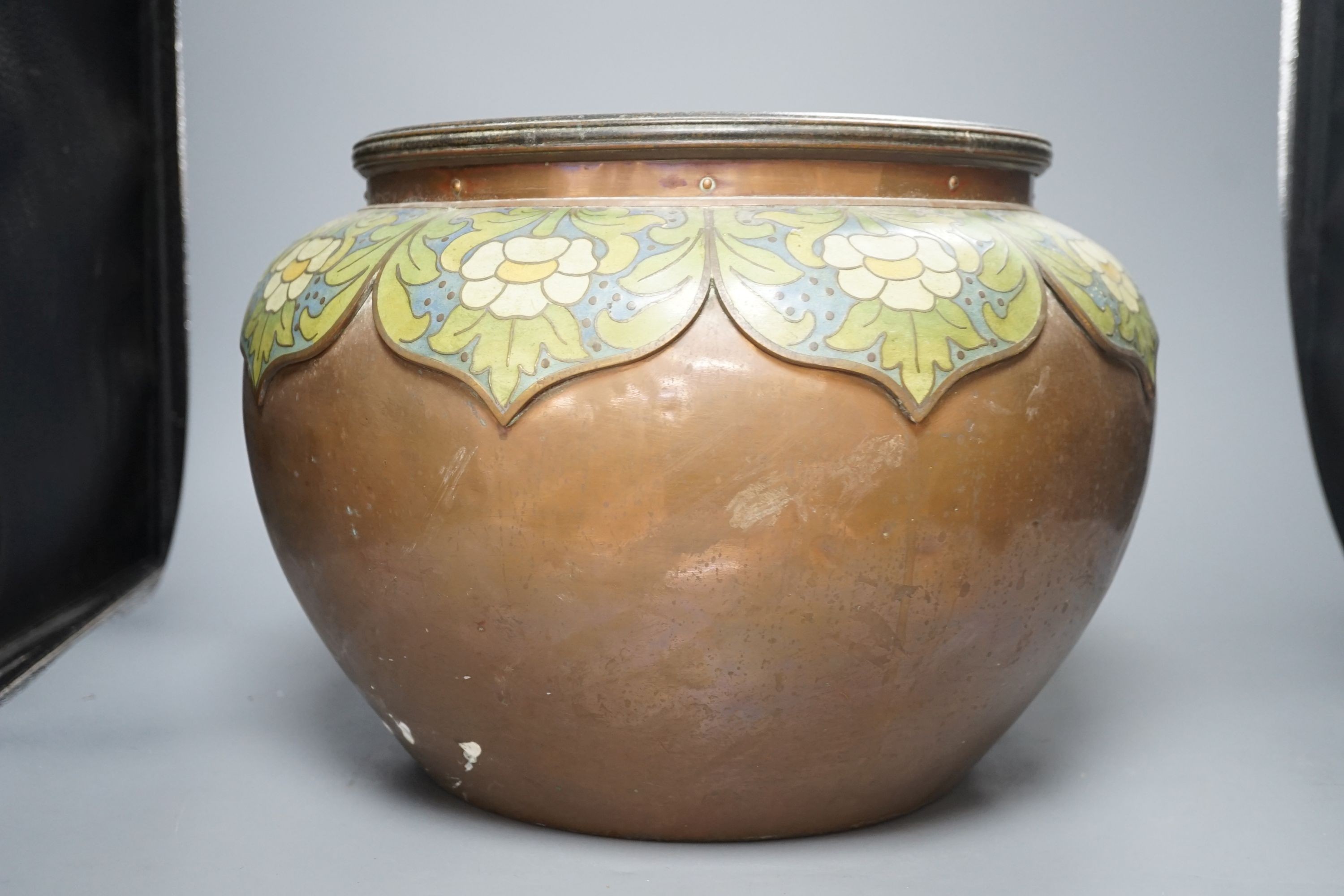 A large Arts and Crafts style copper and champleve enamel jardiniere-26.5 cms high.